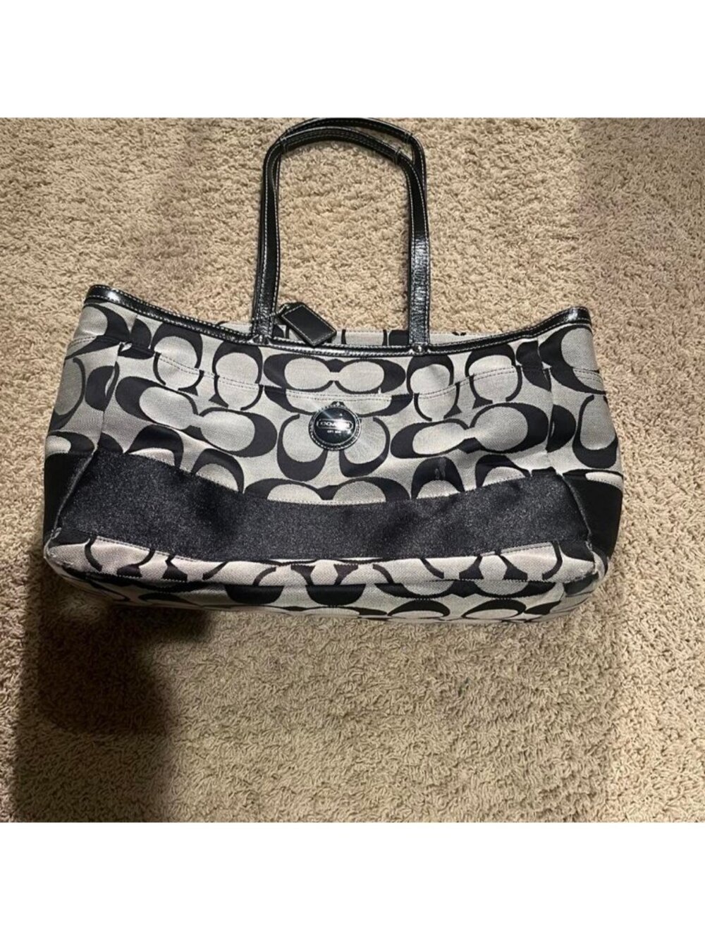 Coach Signature Logo Tote Gray/Black, Zip/Snap, Inner Pockets, Bag Charm